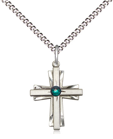 Sterling Silver Cross Pendant with a 3mm Emerald Swarovski stone on a 18 inch Light Rhodium Light Curb chain