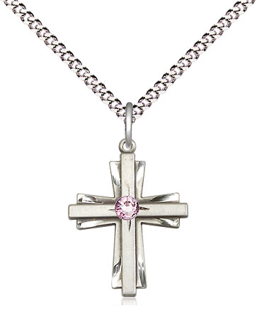 Sterling Silver Cross Pendant with a 3mm Light Amethyst Swarovski stone on a 18 inch Light Rhodium Light Curb chain