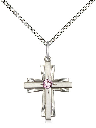 Sterling Silver Cross Pendant with a 3mm Light Amethyst Swarovski stone on a 18 inch Sterling Silver Light Curb chain