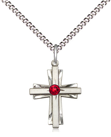 Sterling Silver Cross Pendant with a 3mm Ruby Swarovski stone on a 18 inch Light Rhodium Light Curb chain