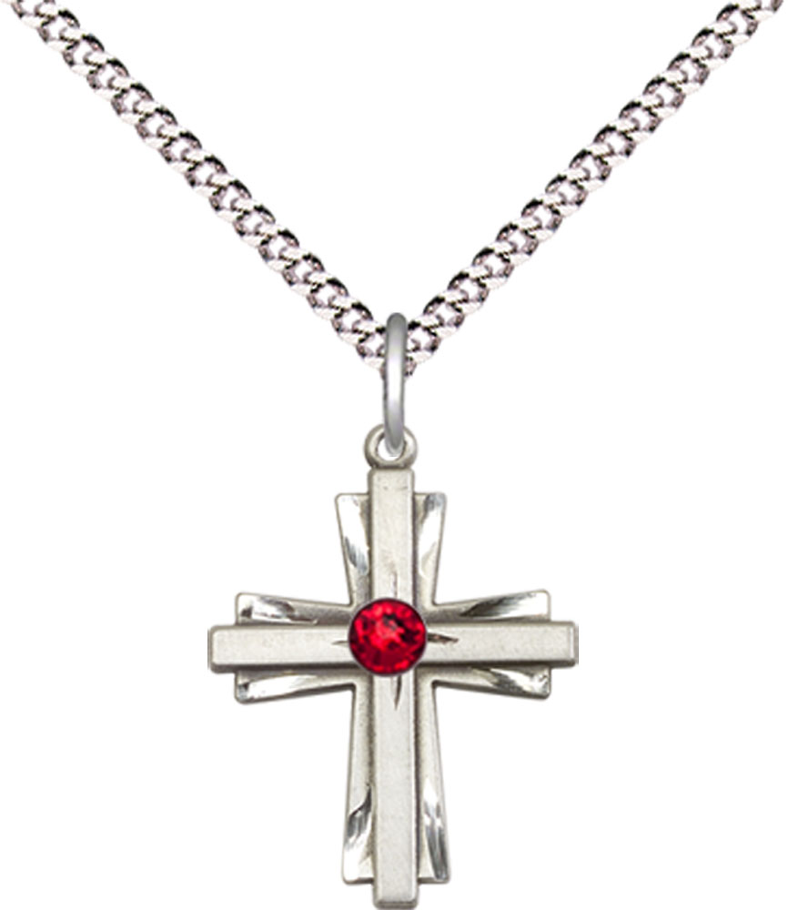 Sterling Silver Cross Pendant with a 3mm Ruby Swarovski stone on a 18 inch Light Rhodium Light Curb chain