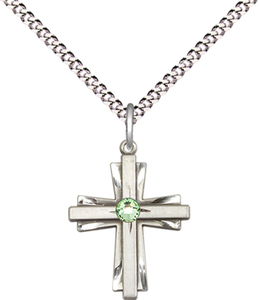 Sterling Silver Cross Pendant with a 3mm Peridot Swarovski stone on a 18 inch Light Rhodium Light Curb chain