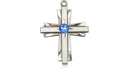 Sterling Silver Cross Medal with a 3mm Sapphire Swarovski stone