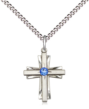 Sterling Silver Cross Pendant with a 3mm Sapphire Swarovski stone on a 18 inch Light Rhodium Light Curb chain