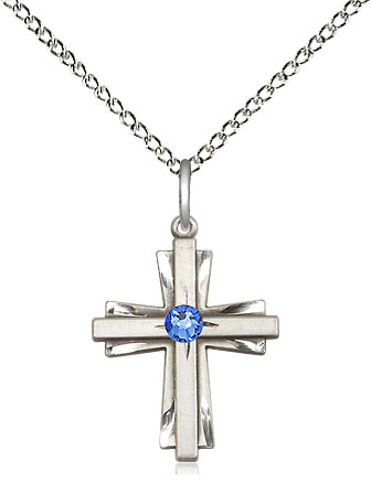 Sterling Silver Cross Pendant with a 3mm Sapphire Swarovski stone on a 18 inch Sterling Silver Light Curb chain