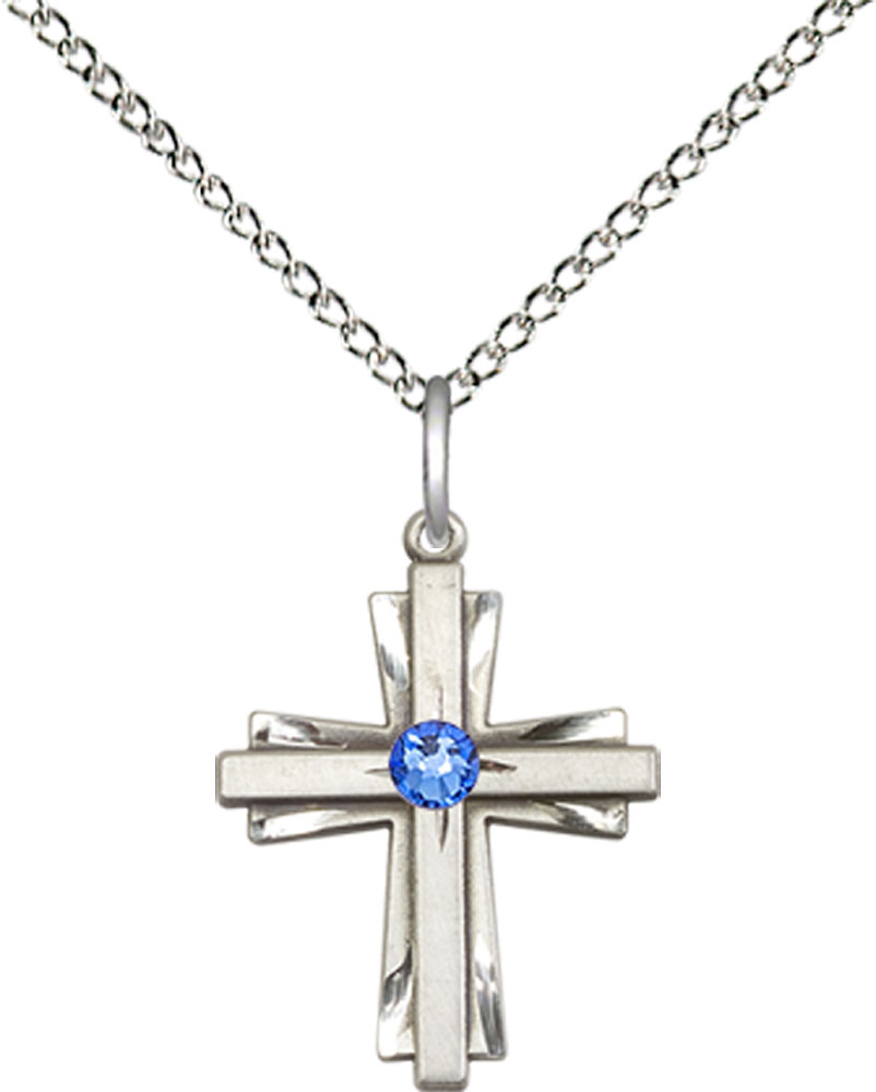 Sterling Silver Cross Pendant with a 3mm Sapphire Swarovski stone on a 18 inch Sterling Silver Light Curb chain