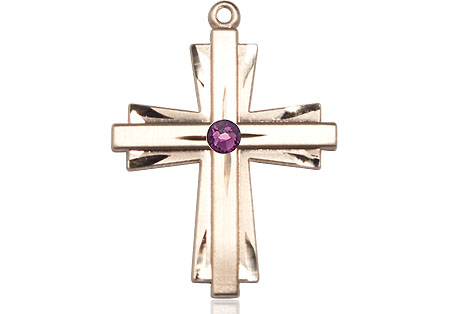 14kt Gold Filled Cross Medal with a 3mm Amethyst Swarovski stone