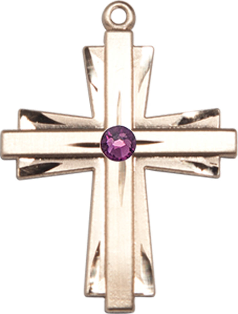 14kt Gold Filled Cross Medal with a 3mm Amethyst Swarovski stone