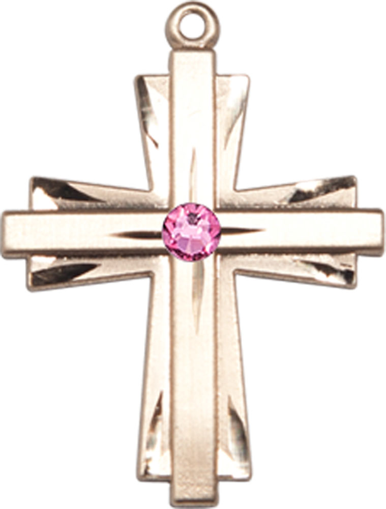 14kt Gold Cross Medal with a 3mm Rose Swarovski stone