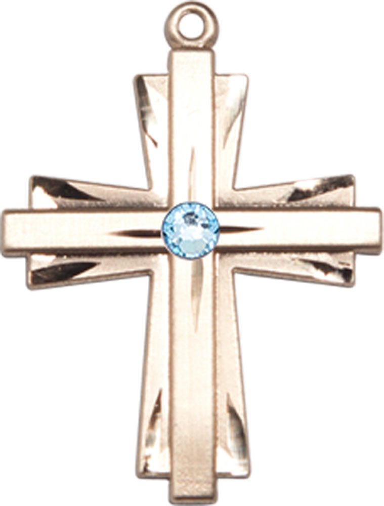 14kt Gold Cross Medal with a 3mm Aqua Swarovski stone