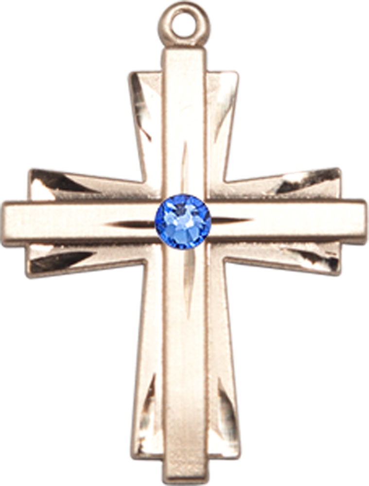 14kt Gold Cross Medal with a 3mm Sapphire Swarovski stone