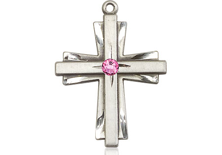 Sterling Silver Cross Medal with a 3mm Rose Swarovski stone