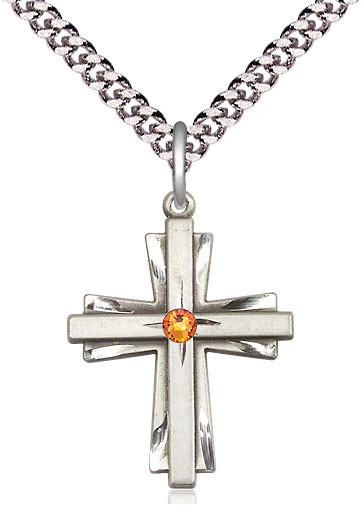 Sterling Silver Cross Pendant with a 3mm Topaz Swarovski stone on a 24 inch Light Rhodium Heavy Curb chain