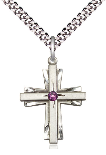 Sterling Silver Cross Pendant with a 3mm Amethyst Swarovski stone on a 24 inch Light Rhodium Heavy Curb chain