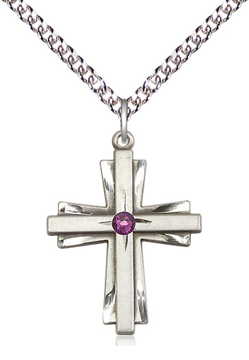 Sterling Silver Cross Pendant with a 3mm Amethyst Swarovski stone on a 24 inch Sterling Silver Heavy Curb chain