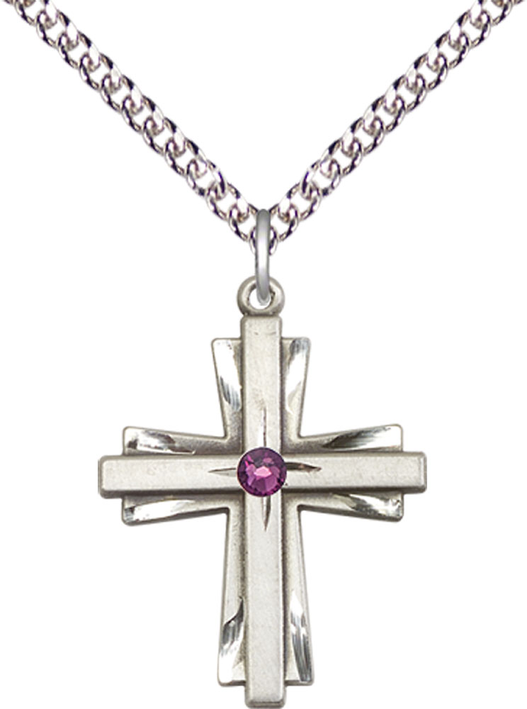 Sterling Silver Cross Pendant with a 3mm Amethyst Swarovski stone on a 24 inch Sterling Silver Heavy Curb chain