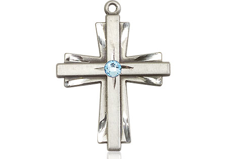 Sterling Silver Cross Medal with a 3mm Aqua Swarovski stone