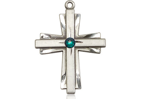 Sterling Silver Cross Medal with a 3mm Emerald Swarovski stone