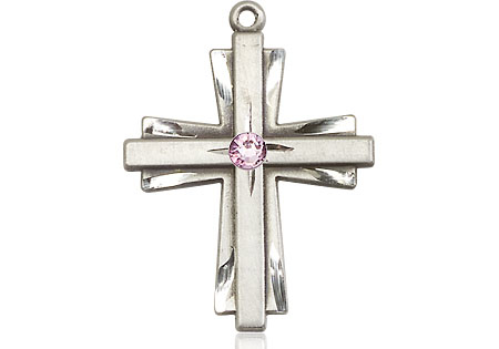 Sterling Silver Cross Medal with a 3mm Light Amethyst Swarovski stone