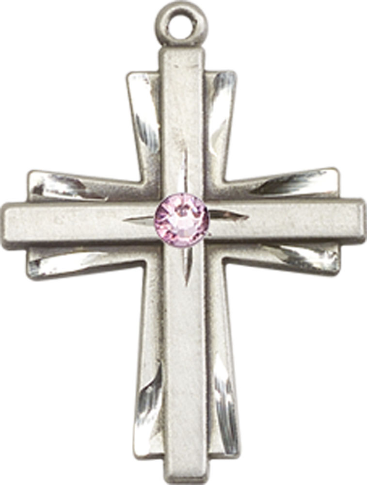 Sterling Silver Cross Medal with a 3mm Light Amethyst Swarovski stone
