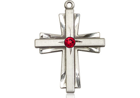 Sterling Silver Cross Medal with a 3mm Ruby Swarovski stone