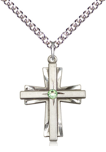 Sterling Silver Cross Pendant with a 3mm Peridot Swarovski stone on a 24 inch Sterling Silver Heavy Curb chain