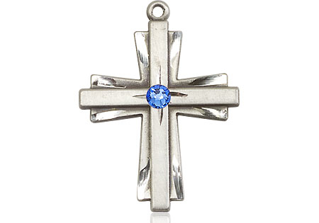 Sterling Silver Cross Medal with a 3mm Sapphire Swarovski stone