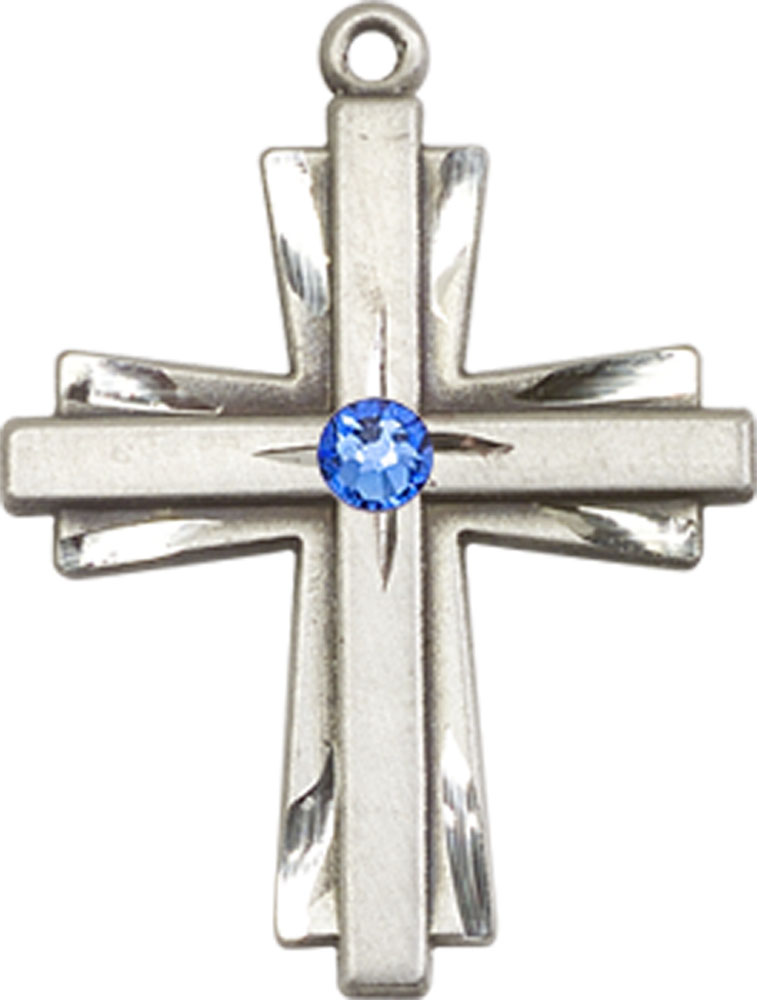 Sterling Silver Cross Medal with a 3mm Sapphire Swarovski stone