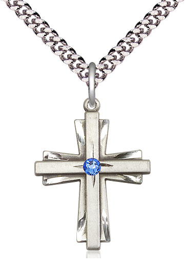 Sterling Silver Cross Pendant with a 3mm Sapphire Swarovski stone on a 24 inch Light Rhodium Heavy Curb chain