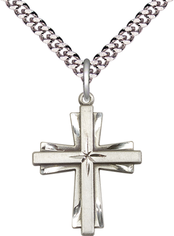 Sterling Silver Cross Pendant on a 24 inch Light Rhodium Heavy Curb chain