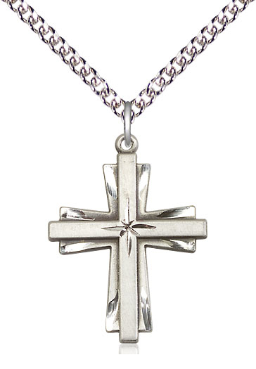 Sterling Silver Cross Pendant on a 24 inch Sterling Silver Heavy Curb chain