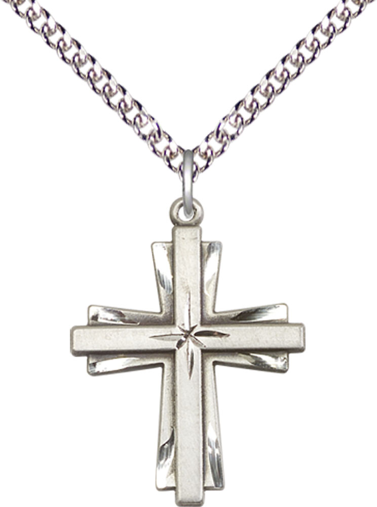 Sterling Silver Cross Pendant on a 24 inch Sterling Silver Heavy Curb chain