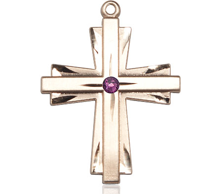 14kt Gold Filled Cross Medal with a 3mm Amethyst Swarovski stone