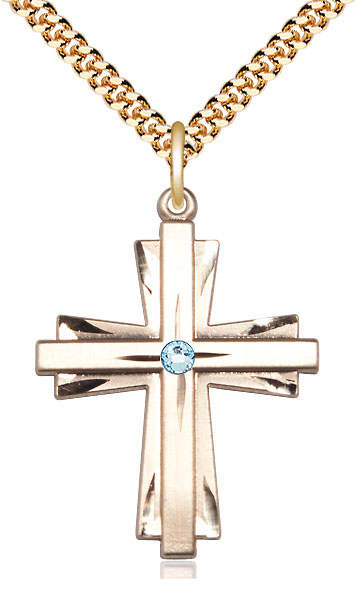 14kt Gold Filled Cross Pendant with a 3mm Aqua Swarovski stone on a 24 inch Gold Plate Heavy Curb chain