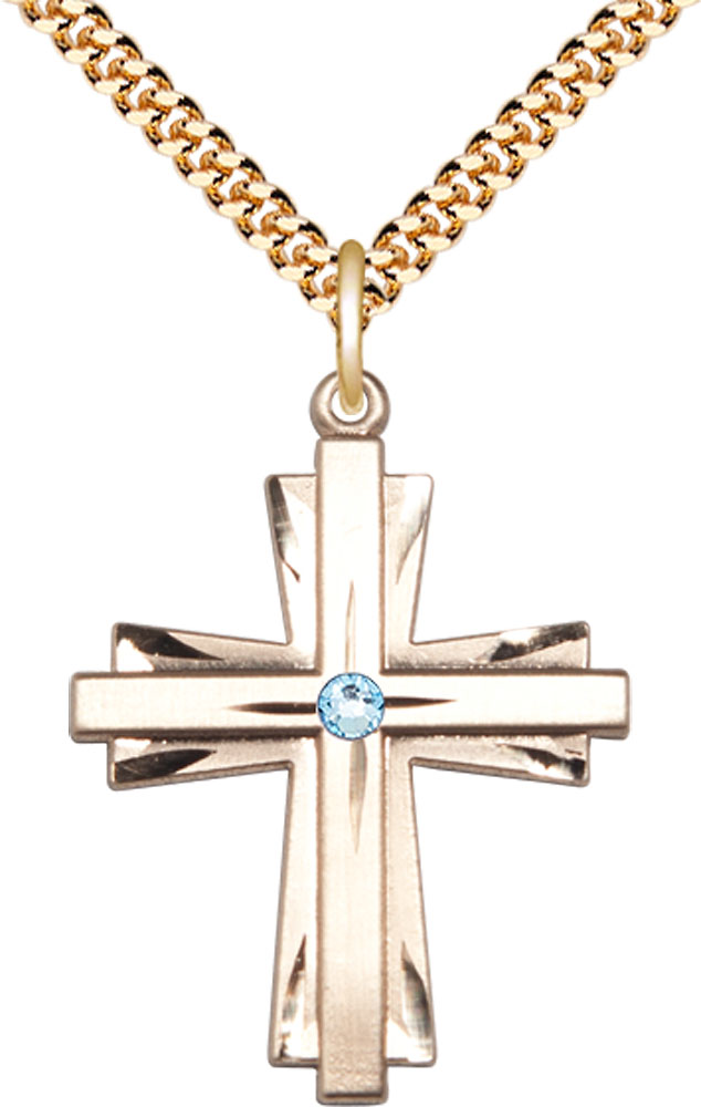 14kt Gold Filled Cross Pendant with a 3mm Aqua Swarovski stone on a 24 inch Gold Plate Heavy Curb chain