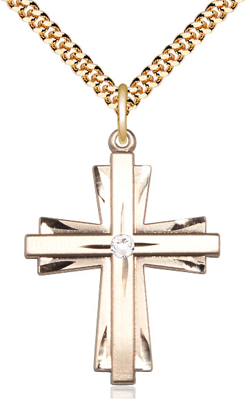 14kt Gold Filled Cross Pendant with a 3mm Crystal Swarovski stone on a 24 inch Gold Plate Heavy Curb chain