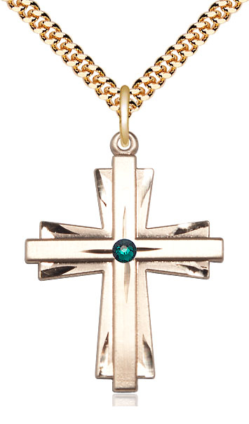 14kt Gold Filled Cross Pendant with a 3mm Emerald Swarovski stone on a 24 inch Gold Plate Heavy Curb chain