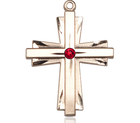 14kt Gold Cross Medal with a 3mm Ruby Swarovski stone