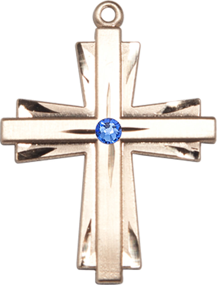 14kt Gold Cross Medal with a 3mm Sapphire Swarovski stone