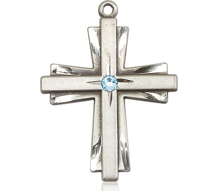 Sterling Silver Cross Medal with a 3mm Aqua Swarovski stone