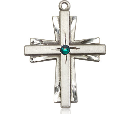 Sterling Silver Cross Medal with a 3mm Emerald Swarovski stone