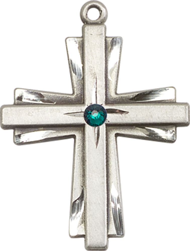 Sterling Silver Cross Medal with a 3mm Emerald Swarovski stone