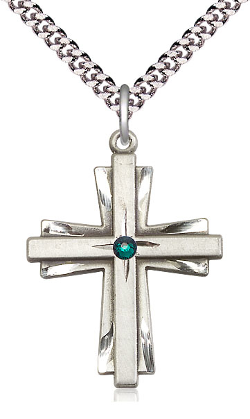 Sterling Silver Cross Pendant with a 3mm Emerald Swarovski stone on a 24 inch Light Rhodium Heavy Curb chain