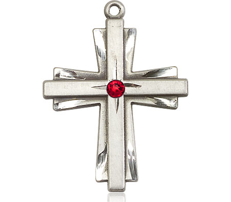 Sterling Silver Cross Medal with a 3mm Ruby Swarovski stone