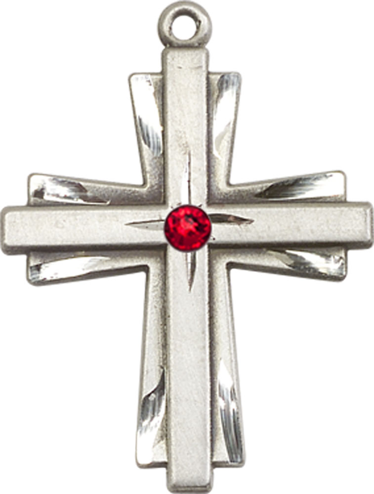 Sterling Silver Cross Medal with a 3mm Ruby Swarovski stone