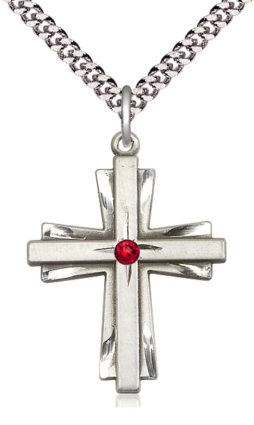 Sterling Silver Cross Pendant with a 3mm Ruby Swarovski stone on a 24 inch Light Rhodium Heavy Curb chain