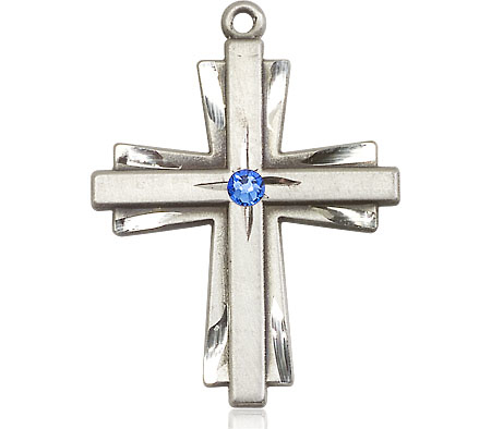 Sterling Silver Cross Medal with a 3mm Sapphire Swarovski stone