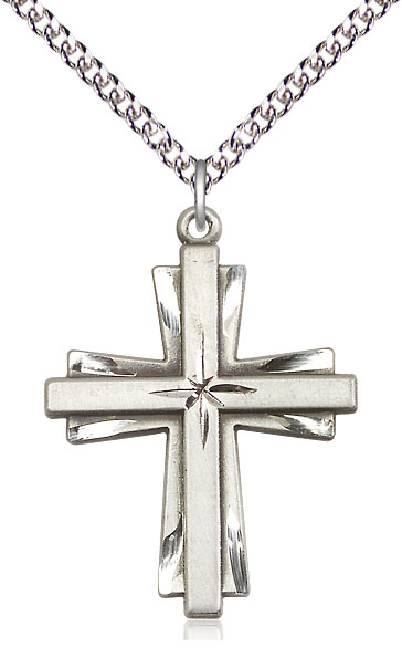 Sterling Silver Cross Pendant on a 24 inch Sterling Silver Heavy Curb chain