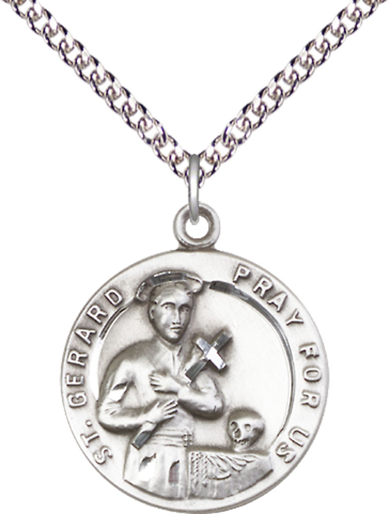 Sterling Silver Saint Gerard Pendant on a 24 inch Sterling Silver Heavy Curb chain