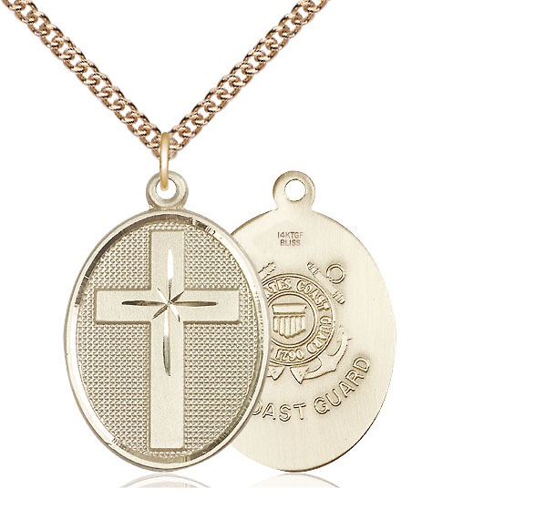 14kt Gold Filled Cross Coast Guard Pendant on a 24 inch Gold Filled Heavy Curb chain